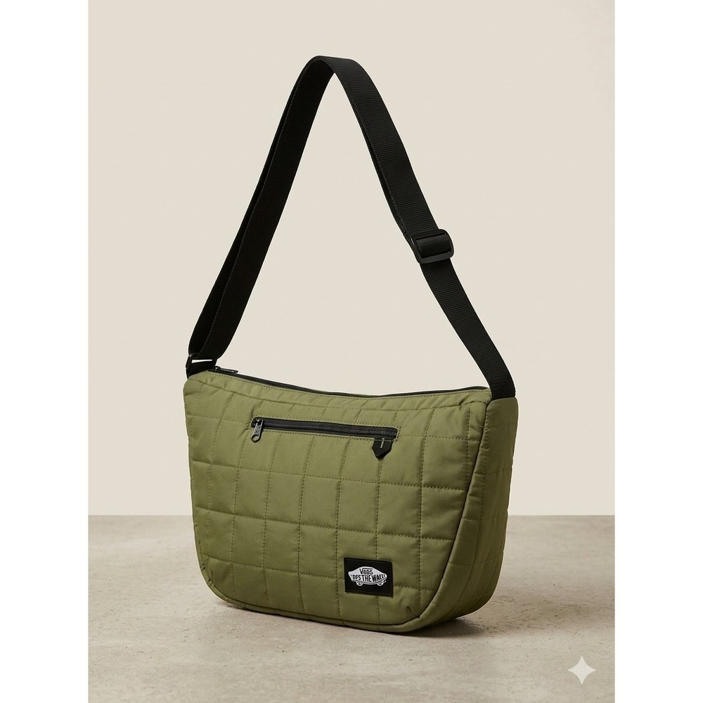 VANS Quilted Olive Green Shoulder Bag Zip Closure Logo Accent Women